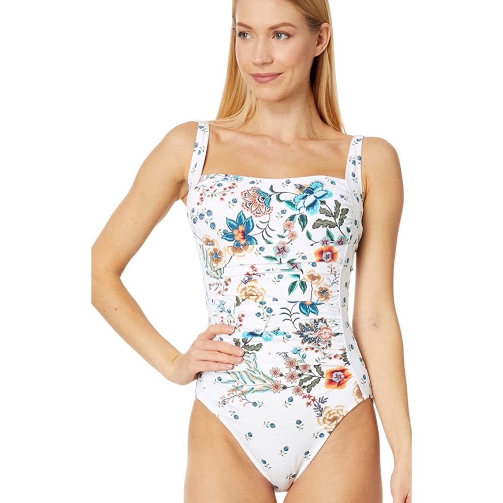 Johnny Was Ardella White Floral Ruched One Piece Swimsuit S